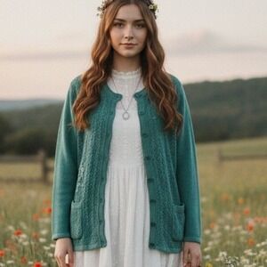 Jenny $68 Medium Retro‎ Teal Pointelle Knit Floral Embellished Button Cardigan